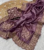 Plum Color Embroidered Glass Tissue Fabric Saree