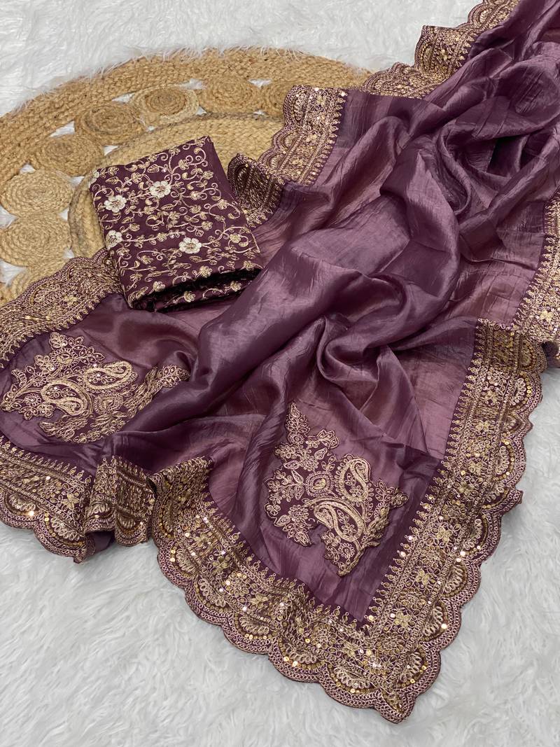 Plum Color Embroidered Glass Tissue Fabric Saree
