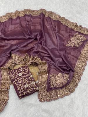 Plum Color Embroidered Glass Tissue Fabric Saree 2