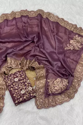 Plum Color Embroidered Glass Tissue Fabric Saree