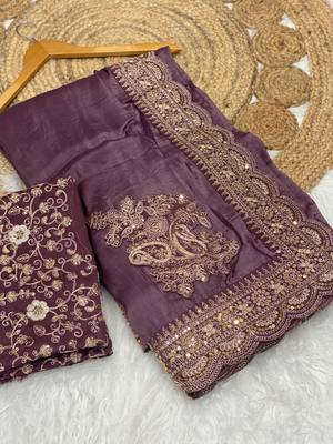 Plum Color Embroidered Glass Tissue Fabric Saree 3