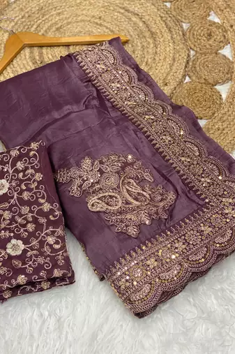 Plum Color Embroidered Glass Tissue Fabric Saree