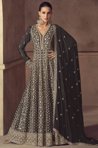 Brown chinon silk embroidered designer anarkali suit
