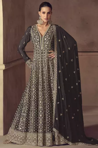 Brown chinon silk embroidered designer anarkali suit