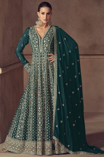 Rama green chinon silk embroidered designer anarkali suit