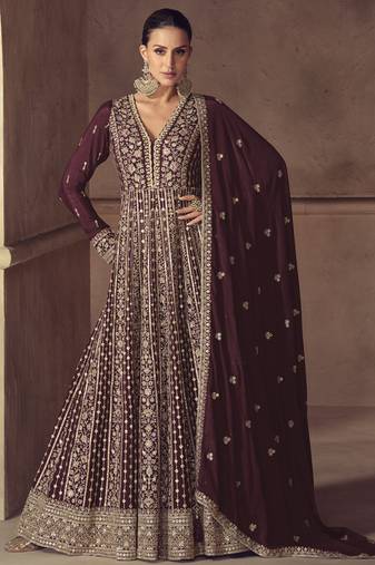 Wine chinon silk embroidered designer anarkali suit