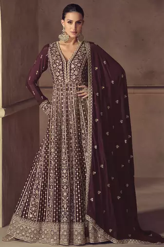 Wine chinon silk embroidered designer anarkali suit