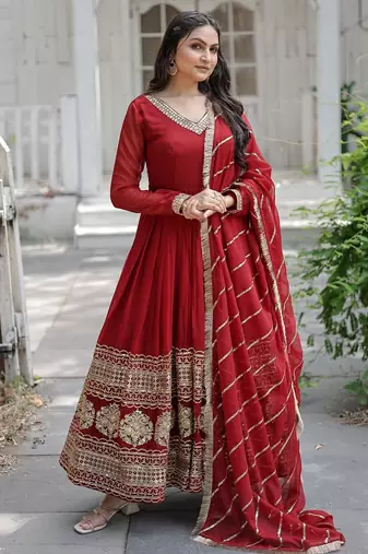 Faux Blooming Sequins Embroidered Readymade Gown with Dupatta     Maroon | 56" Length | Festive & Wedding Wear