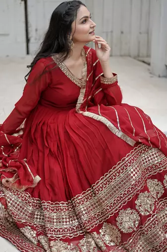 Faux Blooming Sequins Embroidered Readymade Gown with Dupatta     Maroon | 56" Length | Festive & Wedding Wear