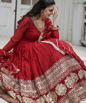 Faux Blooming Sequins Embroidered Readymade Gown with Dupatta     Maroon | 56" Length | Festive & Wedding Wear 4