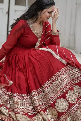 Faux Blooming Sequins Embroidered Readymade Gown with Dupatta     Maroon | 56" Length | Festive & Wedding Wear