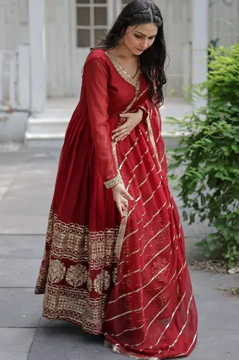 Faux Blooming Sequins Embroidered Readymade Gown with Dupatta     Maroon | 56" Length | Festive & Wedding Wear