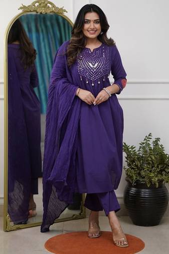 Elegant Purple Mirror-Work Flared Kurti With Pant & Dupatta