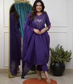 Elegant Purple Mirror-Work Flared Kurti With Pant & Dupatta