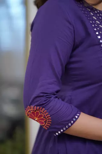 Elegant Purple Mirror-Work Flared Kurti With Pant & Dupatta