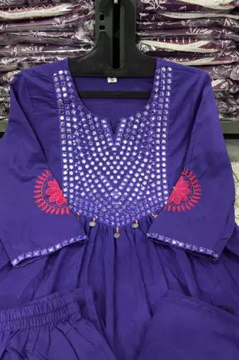 Elegant Purple Mirror-Work Flared Kurti With Pant & Dupatta