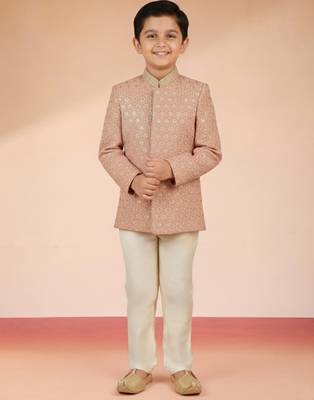 peach rayon bandhgala set  1