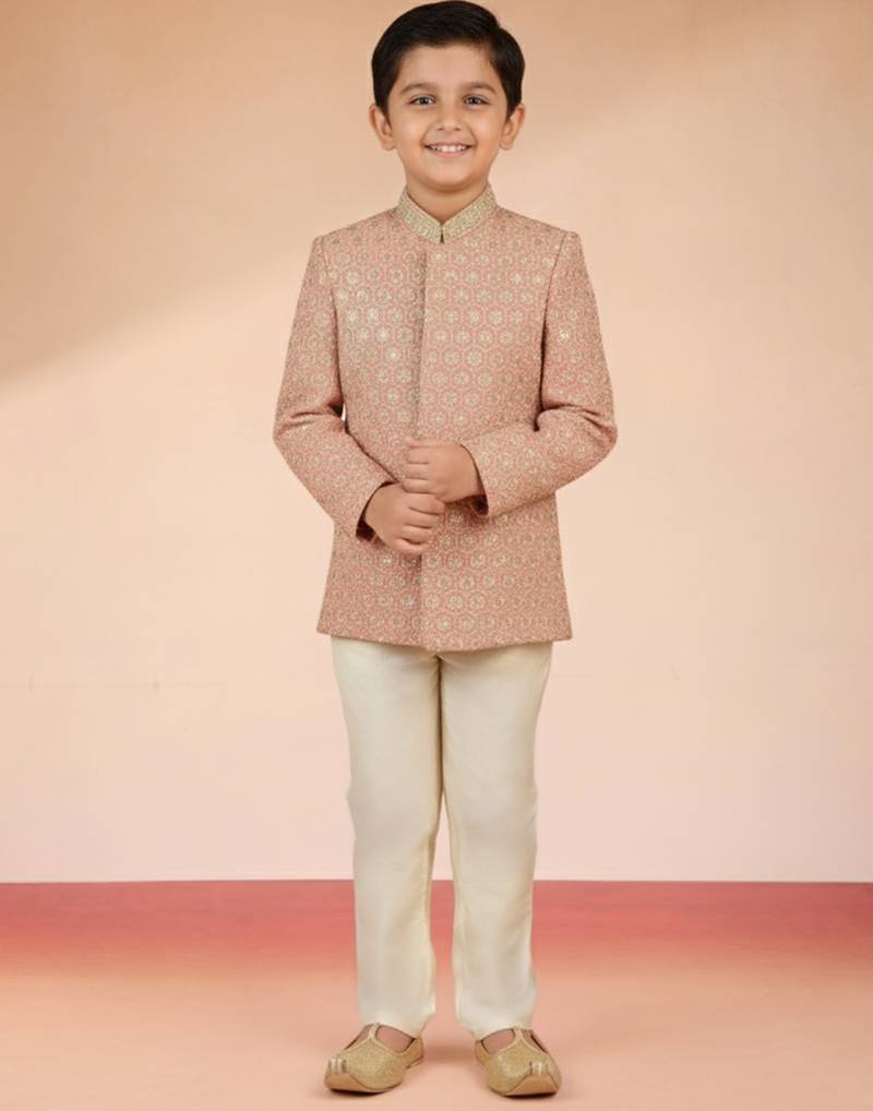 peach rayon bandhgala set 