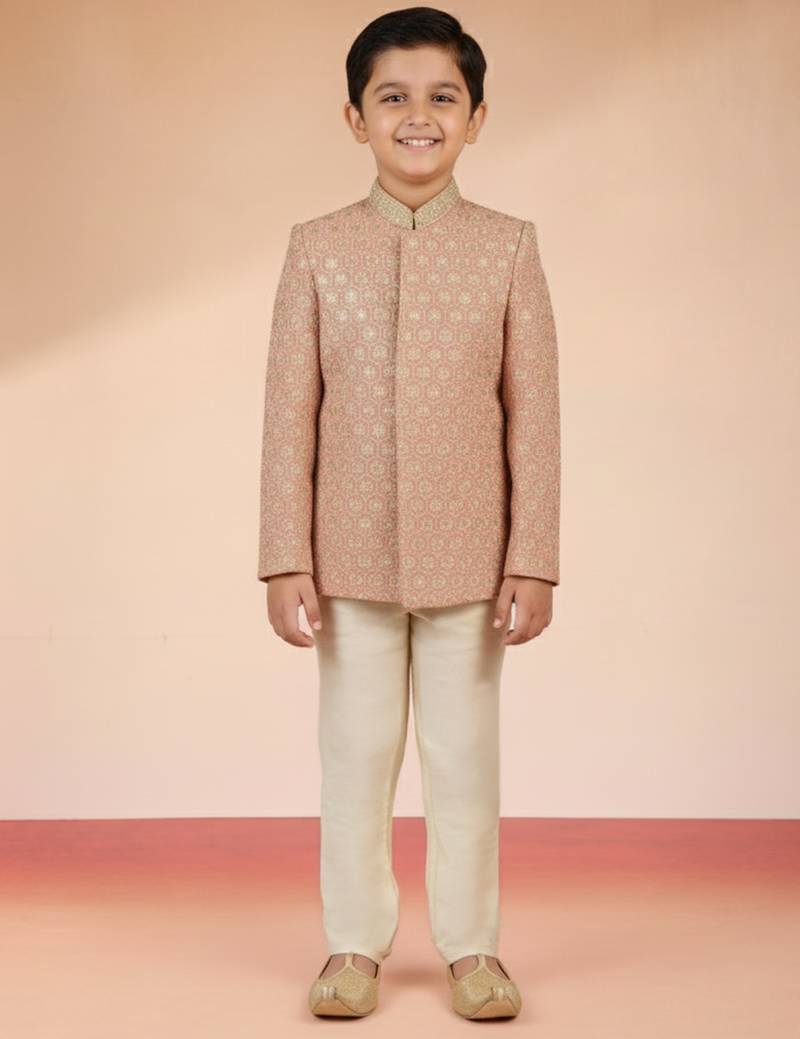 peach rayon bandhgala set 