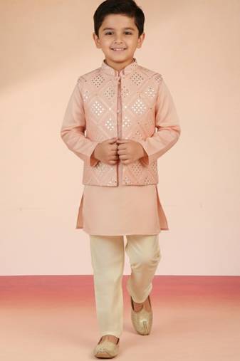 pink silk blend nehru jacket set 