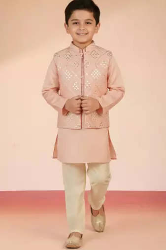 pink silk blend nehru jacket set 