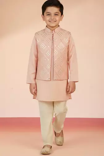 pink silk blend nehru jacket set 