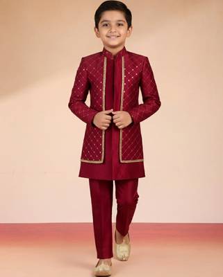 maroon silk blend indowestern set  1