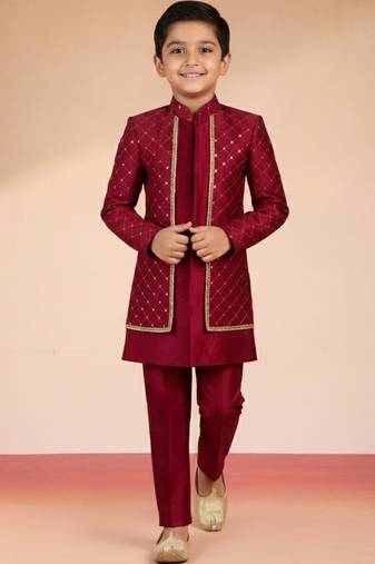 maroon silk blend indowestern set 
