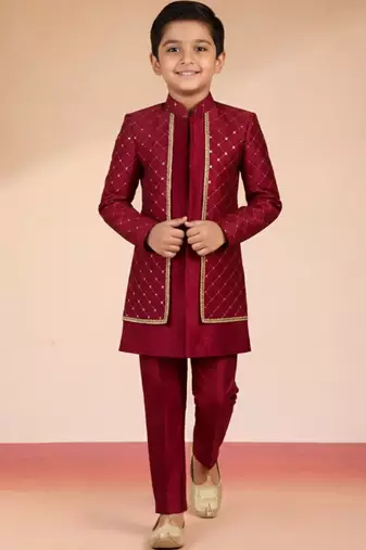 maroon silk blend indowestern set 