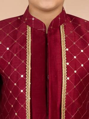 maroon silk blend indowestern set  2