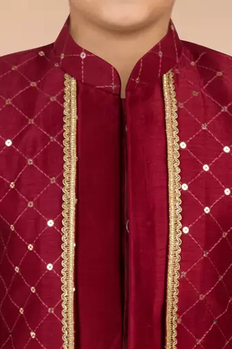 maroon silk blend indowestern set 