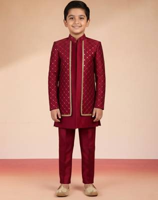 maroon silk blend indowestern set  3