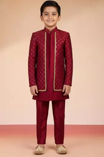 maroon silk blend indowestern set 