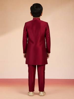 maroon silk blend indowestern set  4
