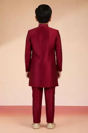 maroon silk blend indowestern set 