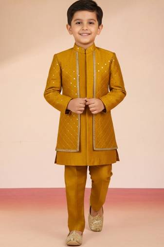 mustard silk blend indowestern set 
