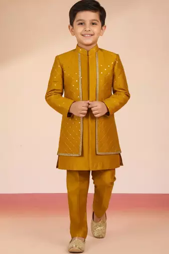 mustard silk blend indowestern set 