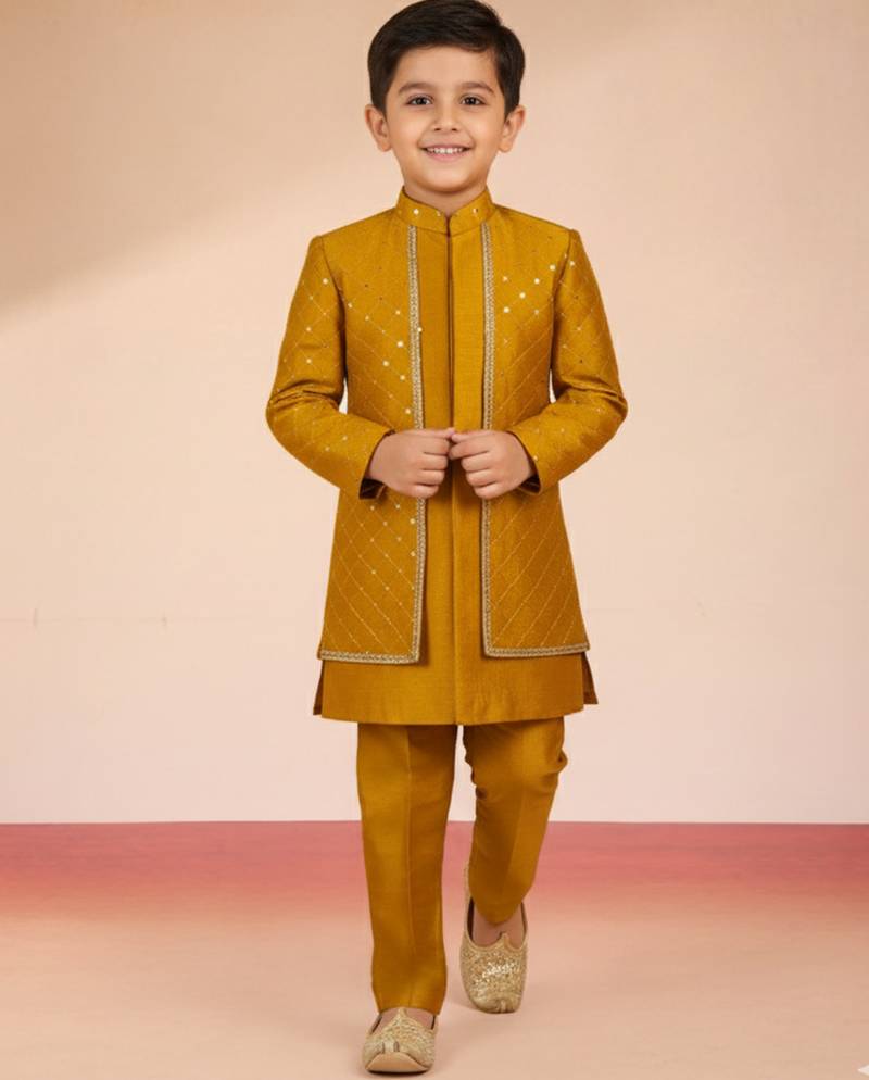 mustard silk blend indowestern set 