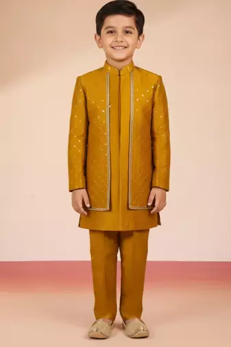mustard silk blend indowestern set 