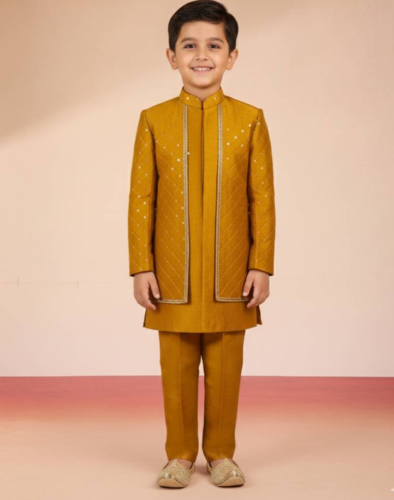 mustard silk blend indowestern set 