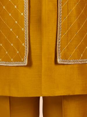 mustard silk blend indowestern set  5