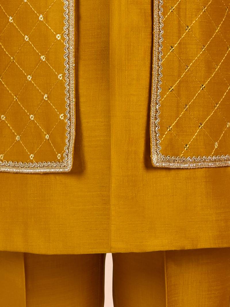mustard silk blend indowestern set 