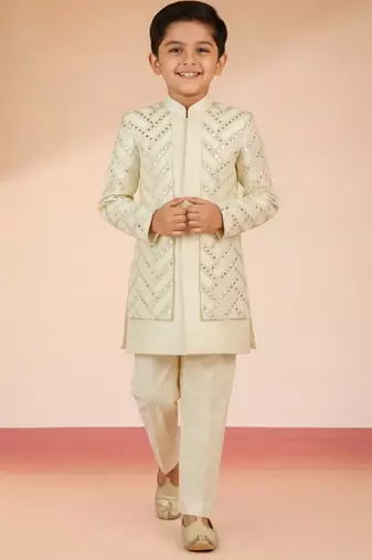 cream silk blend indowestern set 