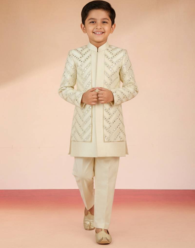 cream silk blend indowestern set 