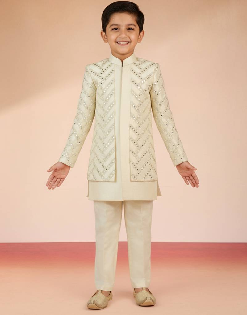 cream silk blend indowestern set 