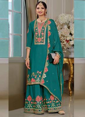 Rama green chinon silk embroidered designer palzzo suit 1