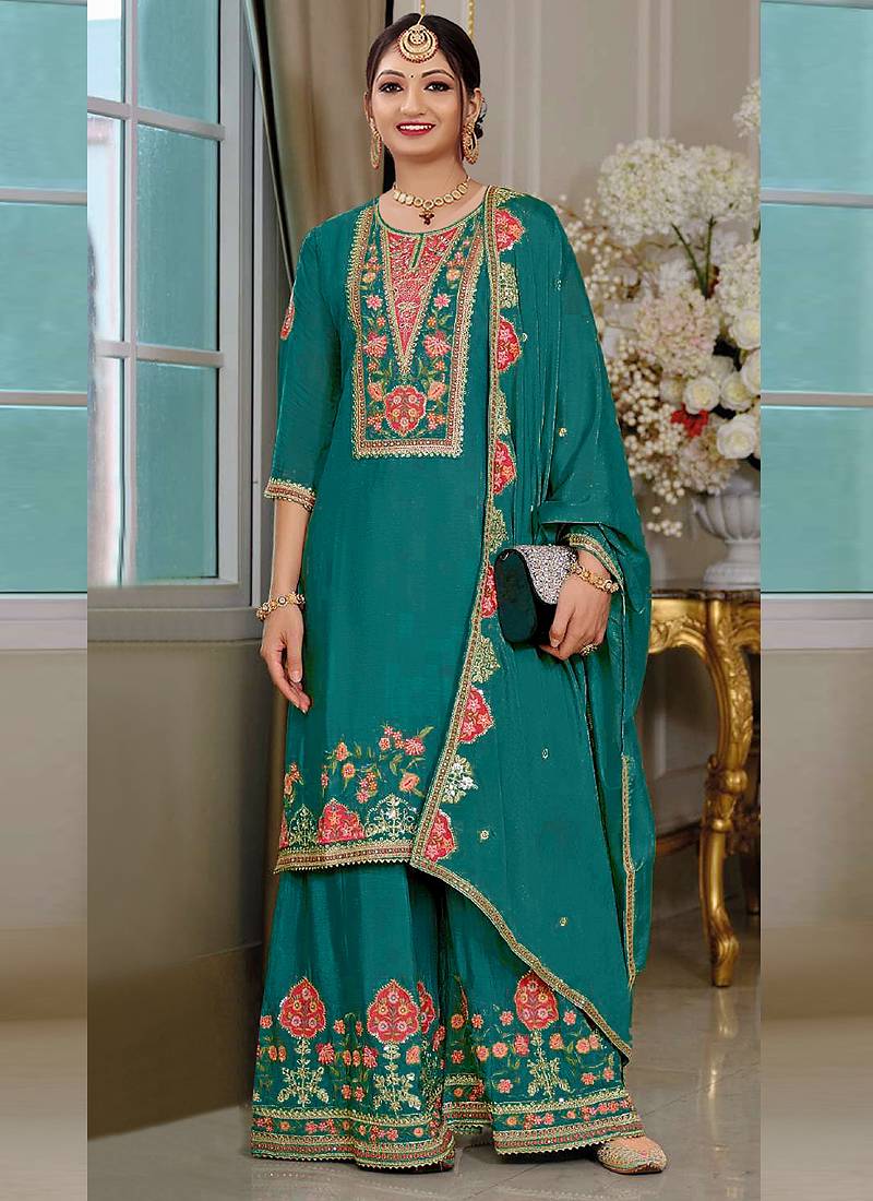 Rama green chinon silk embroidered designer palzzo suit