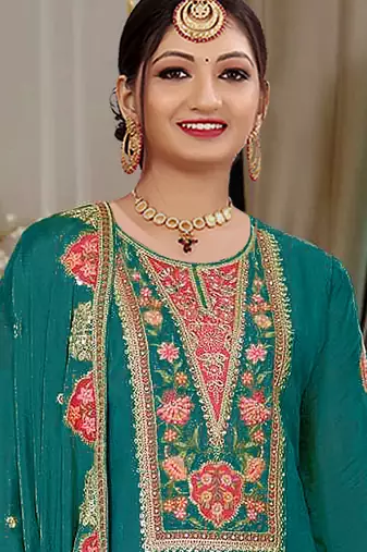 Rama green chinon silk embroidered designer palzzo suit