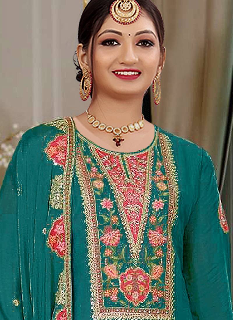 Rama green chinon silk embroidered designer palzzo suit