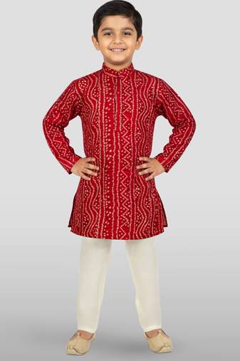 maroon rayon bandhani kurta pyjama set 